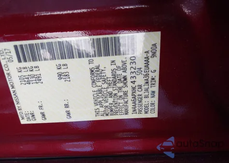 2017 Nissan Maxima 3.5 Sr from USA, damaged, VIN 1N4AA6APXHC433230